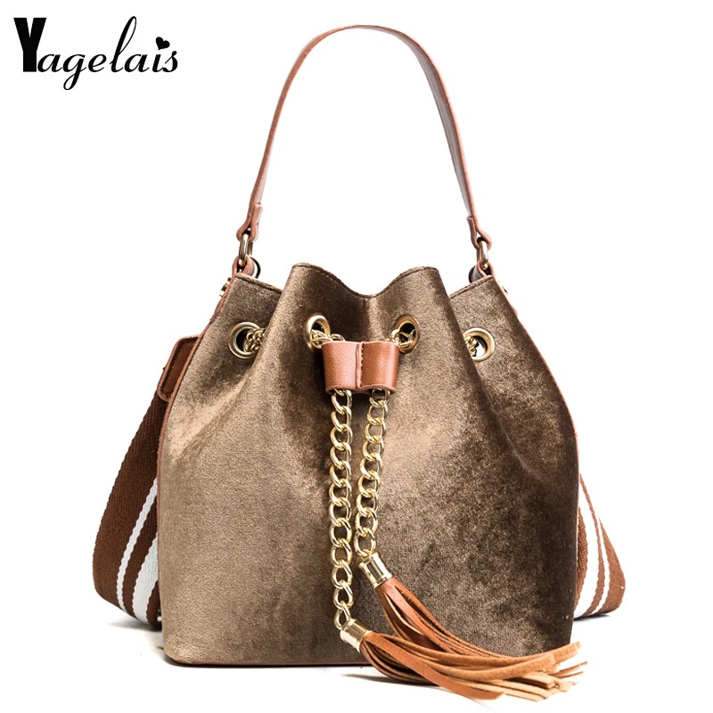 Corduroy Women Buckets Bags Tassels Single Strap Shoulder Handbags