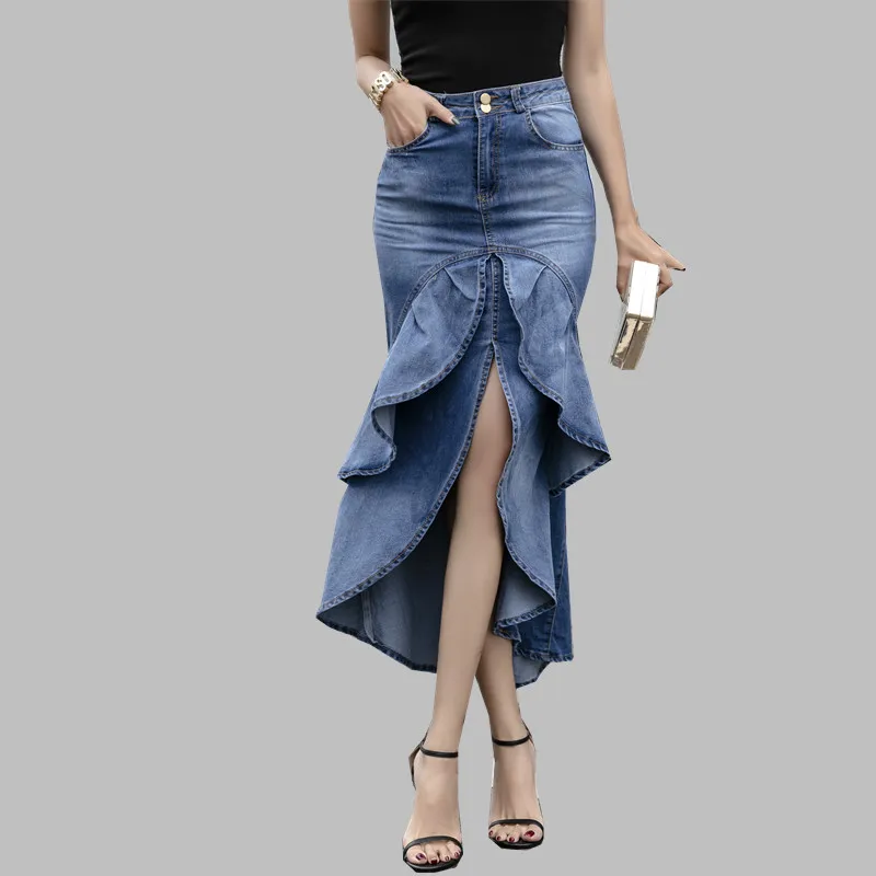 JSXDHK High Street Летняя женская джинсовая юбка с оборками, длинные юбки с оборками, модные облегающие юбки с высокой талией и разрезом - Цвет: Синий