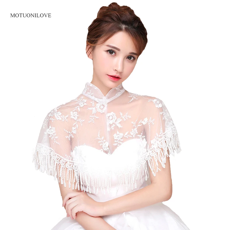 

High Collar Lace Bridal Wraps Shawl With Tassel Trim Elegant Women Evening Stole Party Cape Bolero Bride Wedding Jackets Wrap