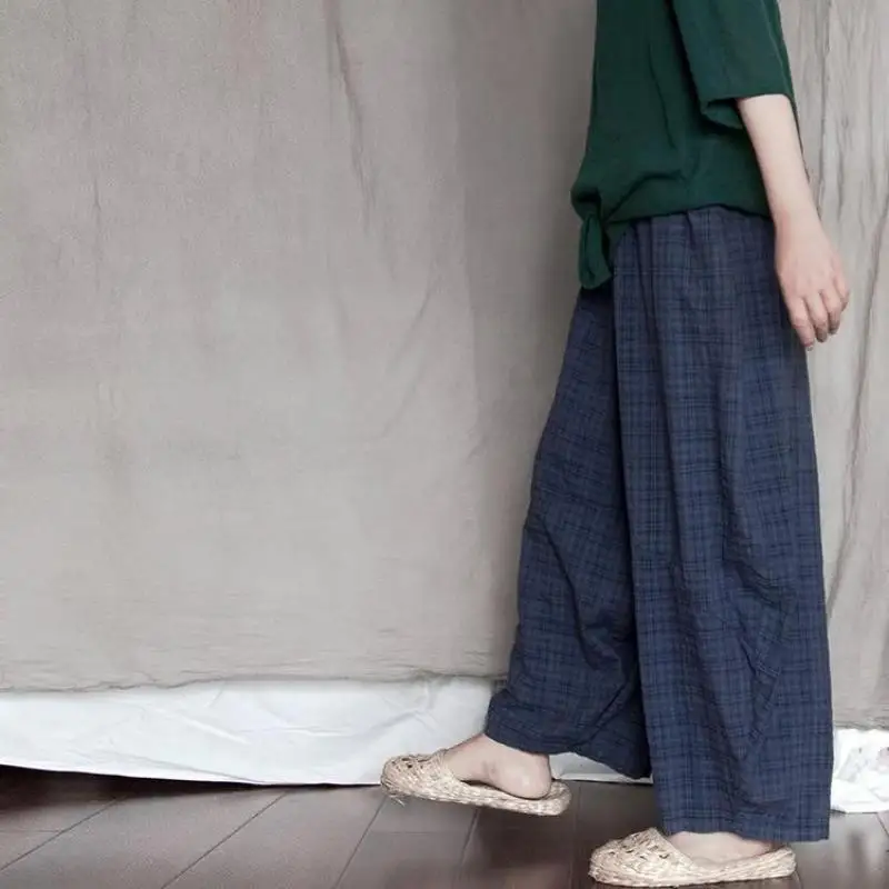 Johnature Casual All-match Full Length Wide Leg Pants Autumn New Cotton Linen Elastic Mid Waist Patchwork Plaid Women Pants