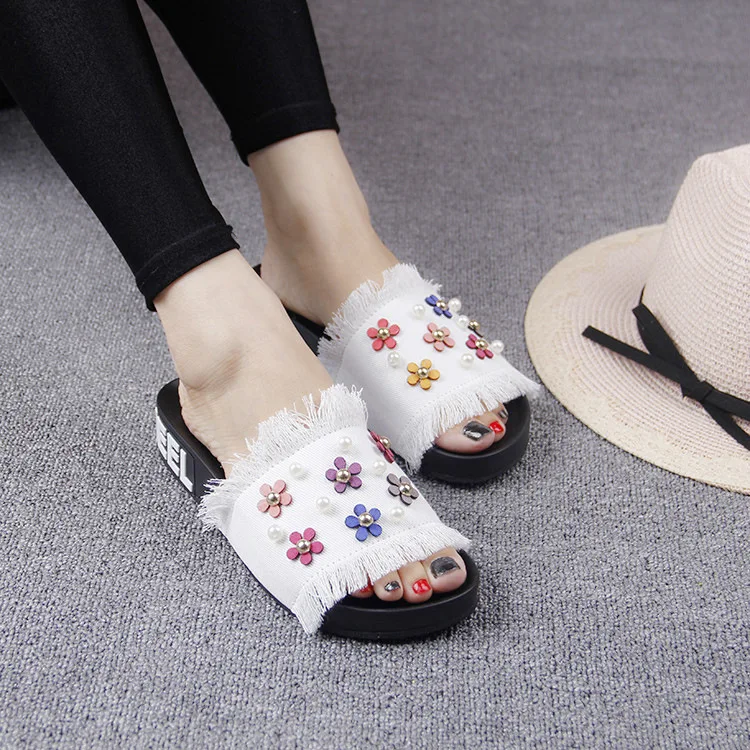 2016 New Korean Female Summer Sandals Casual Slippers Online Denim Daisy Pearl Ladies Comfort Footwear Cheap45