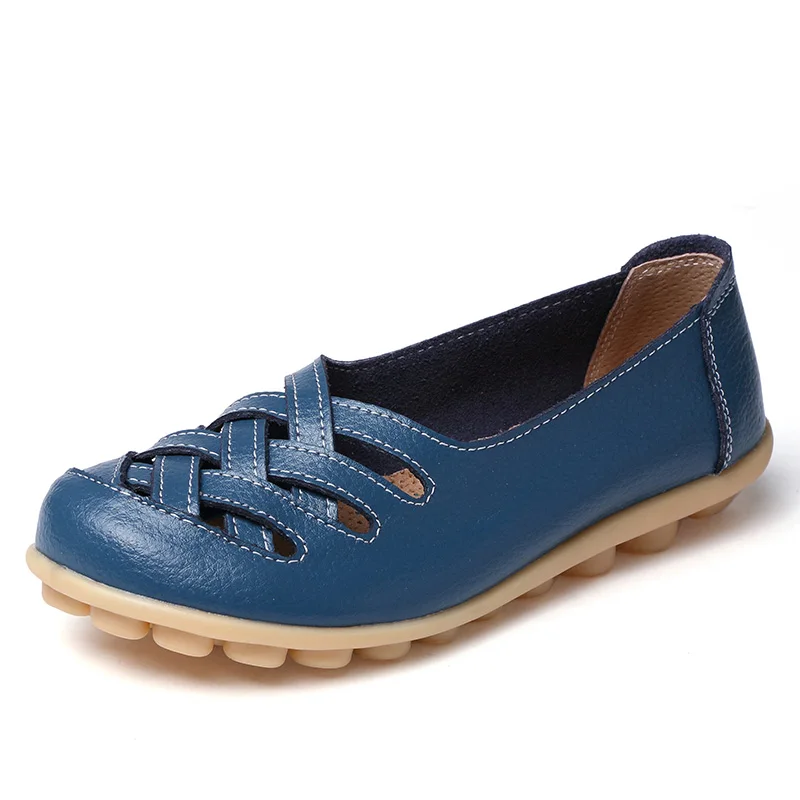 OneBling/ повседневные лоферы из натуральной кожи; женская дышащая Летняя обувь на плоской подошве; сандалии с перфорацией; большие размеры 34-44 - Цвет: Blue