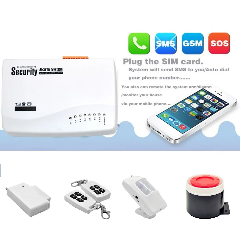 

Wireless GSM Home Security Burglar Alarm System Auto Dialler SMS SIM Call 433MHz Frequency Support Remote Control Promotion