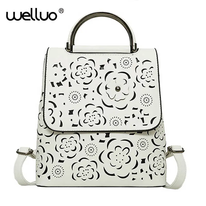 Floral Hollow Women Backpack Retro Shoulder Bag Quality PU Leather Backpack Female Teenage Girls Large Capacity