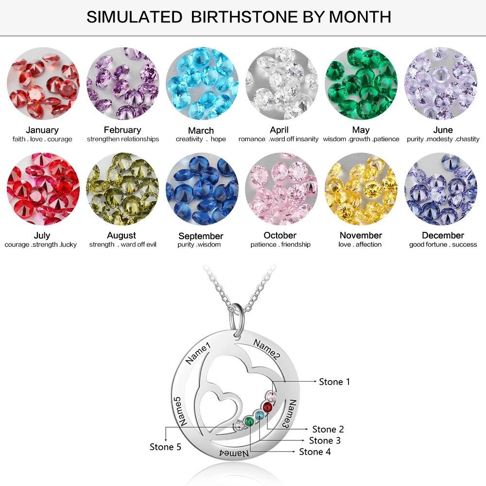 Персонализированные 5 гравировка имен сердце Цепочки и ожерелья s для Для женщин по индивидуальному заказу кубического циркония ожерелье с подвеской «СемьЯ» подарок(Лам