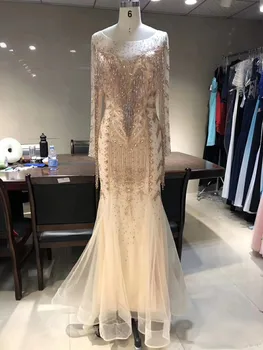 

2019 Real Pictures Champagne Tulle Mermaid Evening Dress Floor Length Long Sleeve Plus Size Formal Prom Party Gown