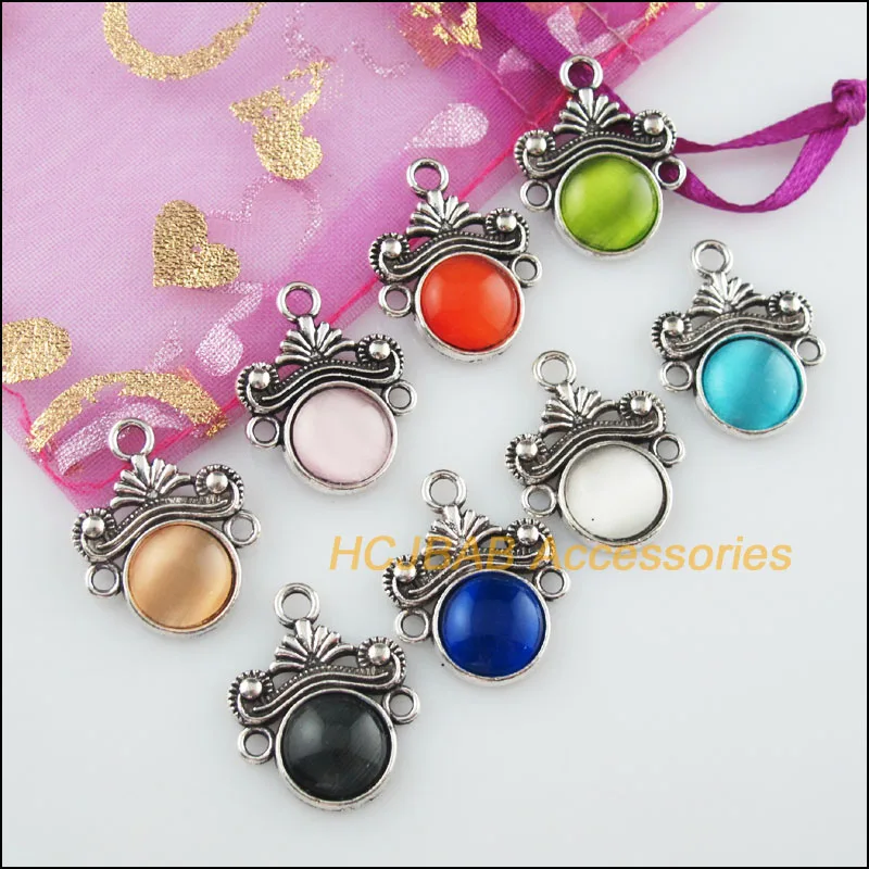 

8 New Flower CatEye Stone Connectors Mixed Charms Tibetan Silver Pendant 18x23mm