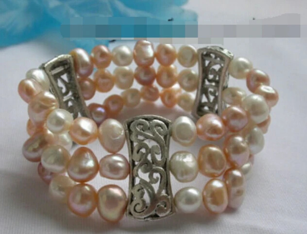 

hot sell3rows Natural White&Pink Baroque Pearl Bracelet -Bridal jewelry free shipping
