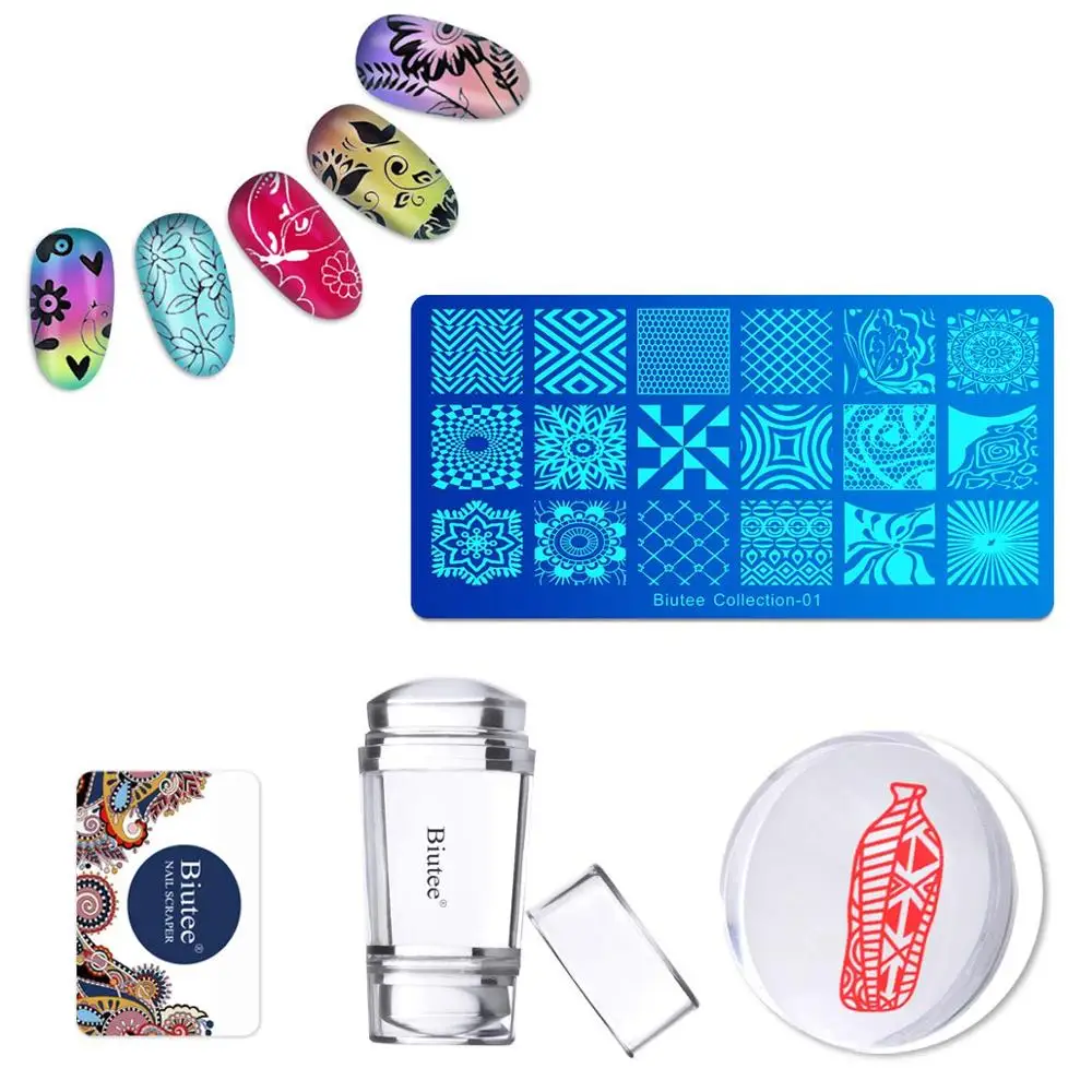 Günstig Biutee 19 stücke Nagel Stempel Platten set 15 platte 1Stamper 2Scraper 1 lagerung tasche Nägel Kunst Stanzen Platte schaber Stempel Blume Set
