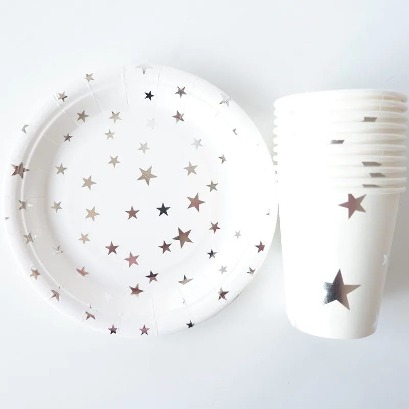 

20pcs/set Silver Star Paper Cups&Plates Wedding Birthday Decoration Baby Shower Festival For Kids Tableware Set Party Supplies