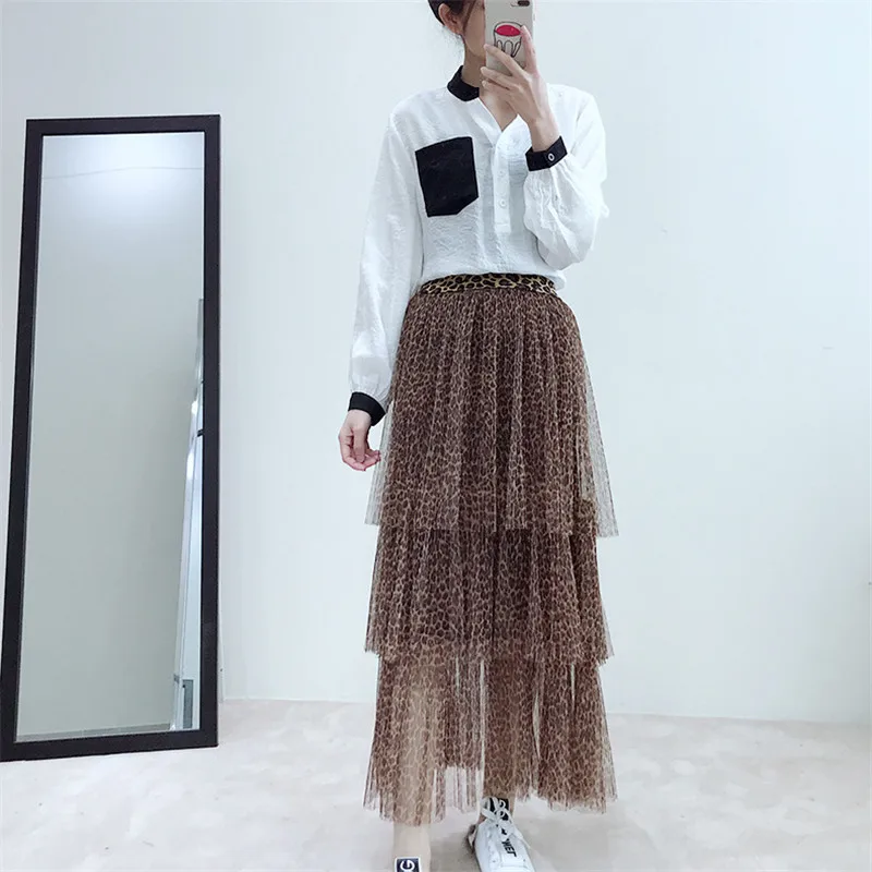 2019 Korean new Spring Spring new Korean layer cake skirt sexy leopard bottom skirt swing long mesh gauze skirts clothes 2019 Korean new Spring Spring new Korean layer cake skirt sexy leopard bottom skirt swing long mesh gauze skirts clothes