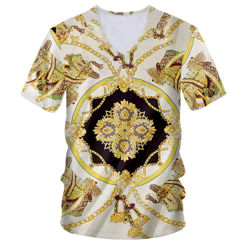 

Plus Size 4XL 5XL 6XL 7XL Brand T-shirt 2019 Summer Style Luxury Royal 3D Golden Chain Print Baroque Tee Custom Unisex Clothes