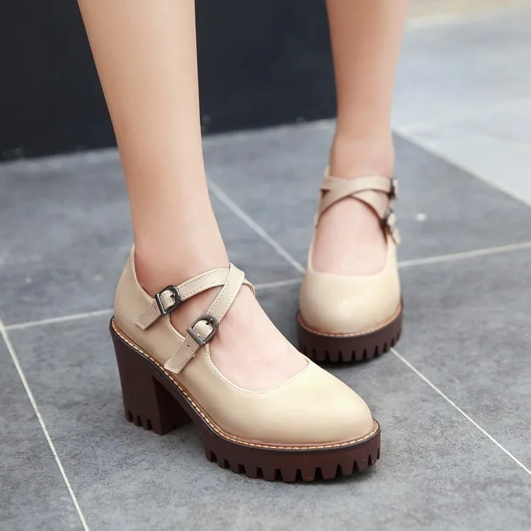 Plus Size 34-43 Women Pumps Fashion Cross-Strap Shoes Woman 2 Type Square Medium High Heels Black Gray Beige Lady Shoes Women (13)
