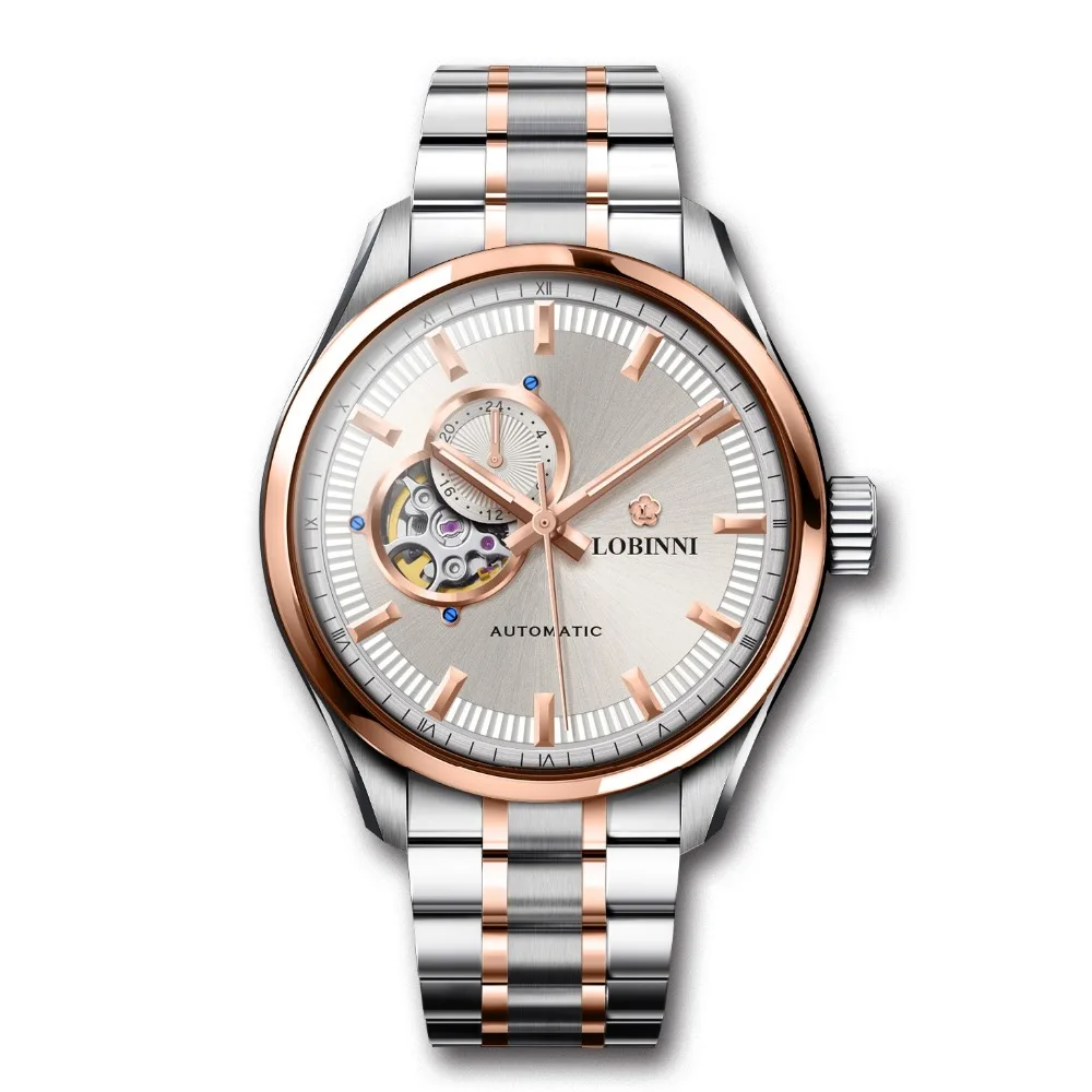 

LOBINNI Mens 50M Waterproof Leather Strap Business Hollow-out Automatic Self-wind Mechanical Wrist Watch - Rosegold