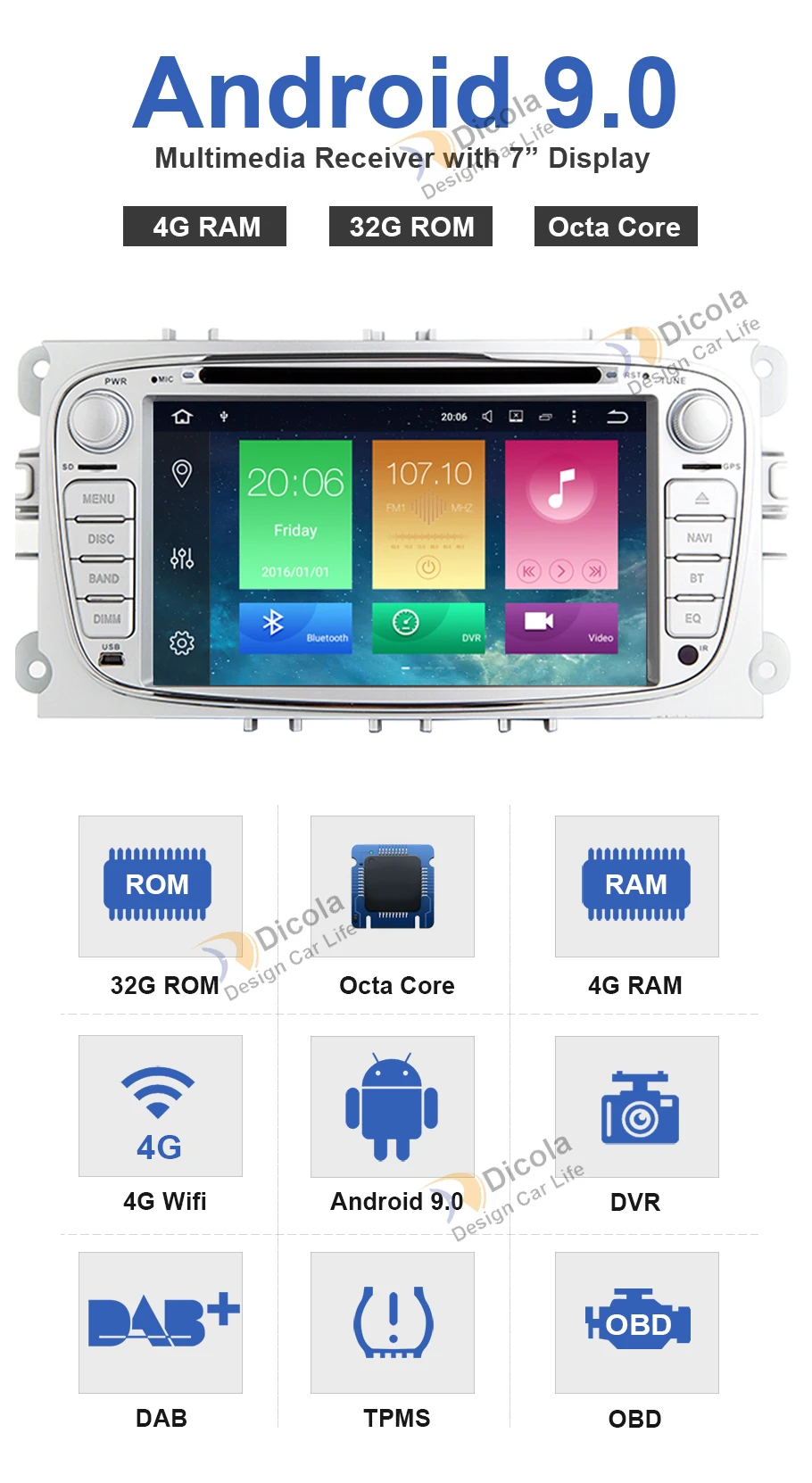 Best Car Multimedia Player Android 9 GPS 2 Din car dvd player for FORD/Focus/S-MAX/Mondeo/C-MAX/Galaxy wifi car radio DSP DVR 3