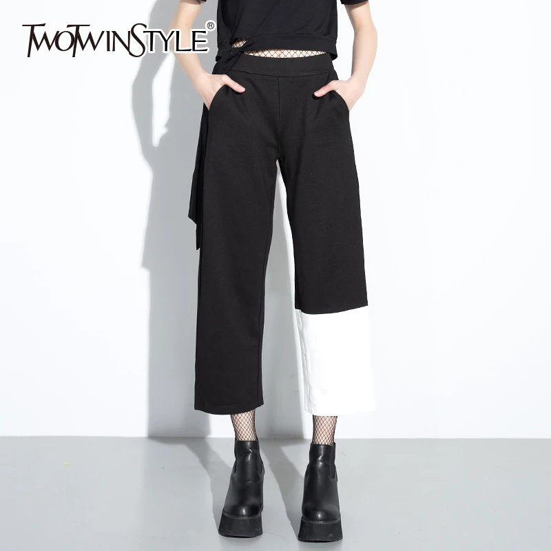 TWOTWINSTLE Asymmetrical Pants Female Patchwork High Waist Zipper Long ...