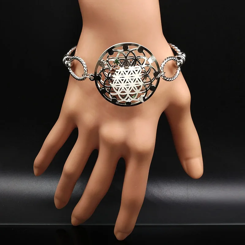 Мода цветок серебряный цвет из нержавеющей стали браслет цепочка для женщин большое круглое очарование ювелирные браслеты pulseras B17972