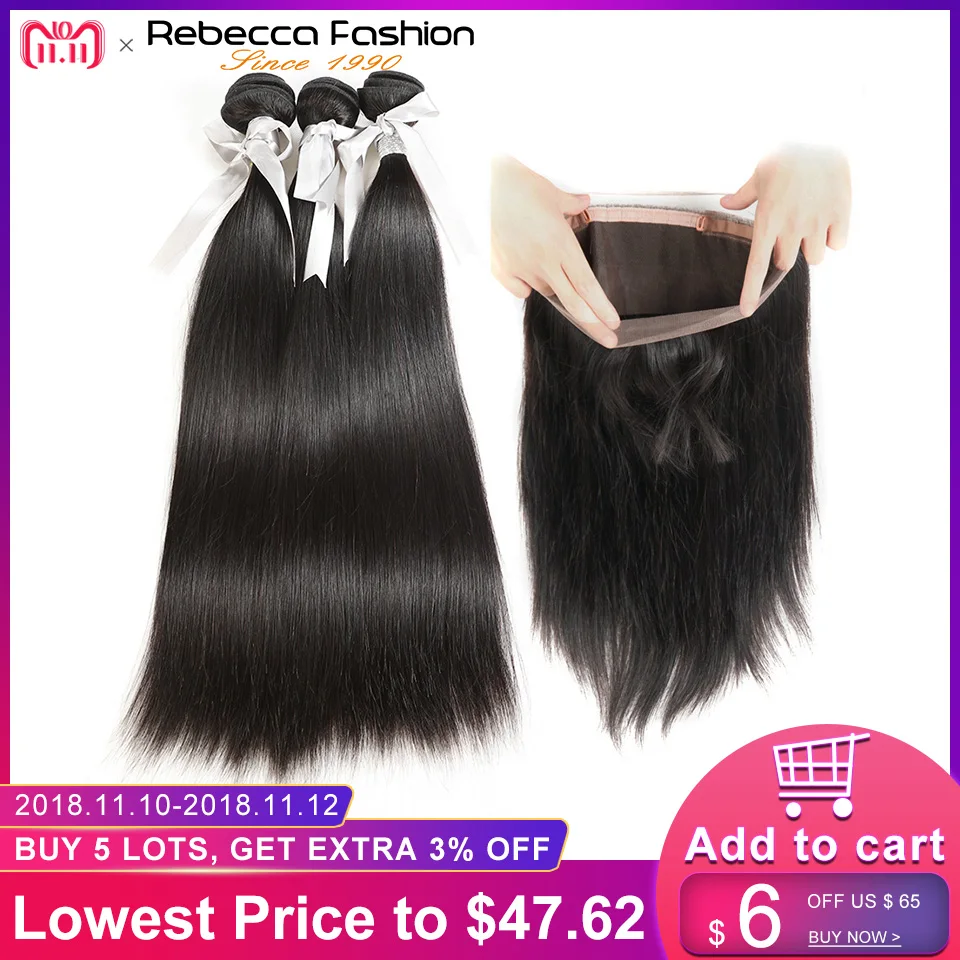 

Rebecca 360 Lace Frontal With Bundle Brazilian Straight Hair 3 Bundles With 360 Frontal Closure Non Remy Human Hair Extensions