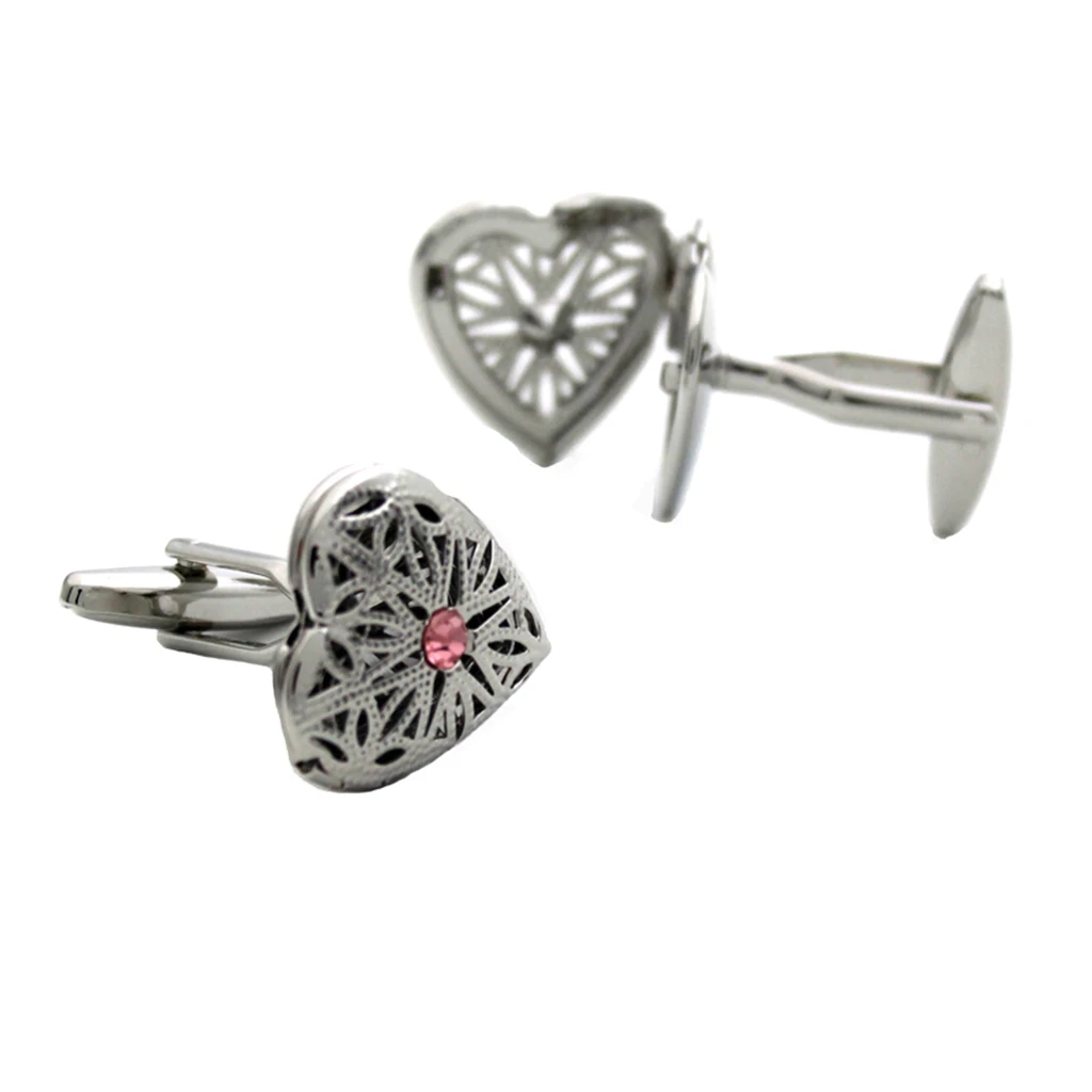 1 Pair Filigree Hollow Locket Opening Photo Frame Cufflinks Hollowed Carved  Heart Shape Cuff Links with Rhinestone