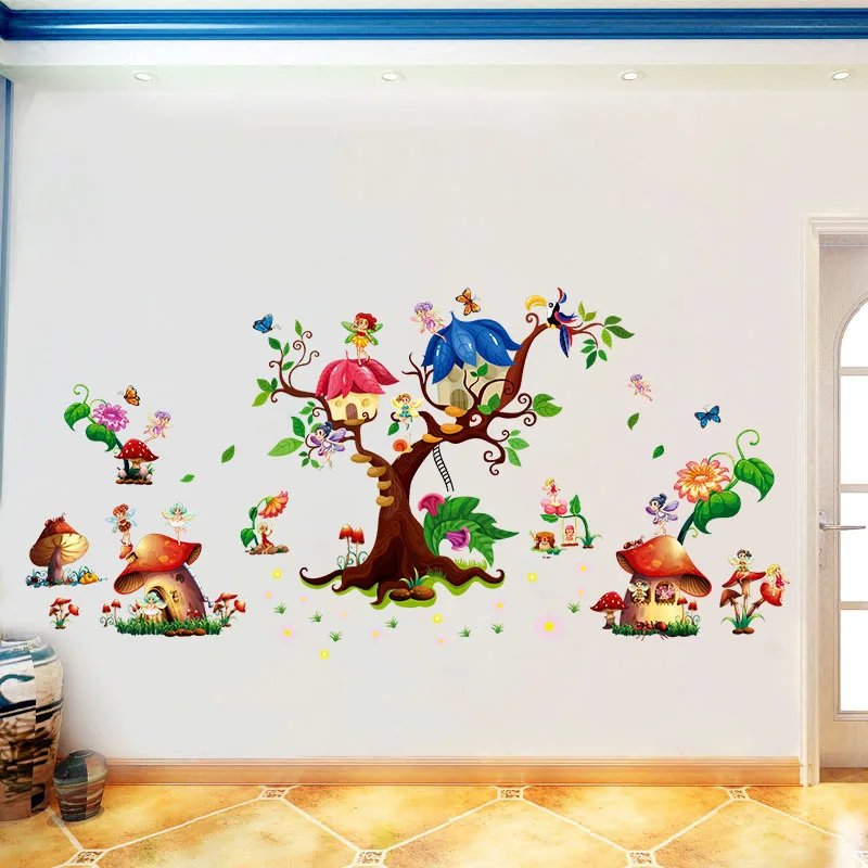 

[Fundecor] house on the tree fairy bird butterfly diy wall stickers for kids rooms bedroom decoration kitchen wallpaper poster