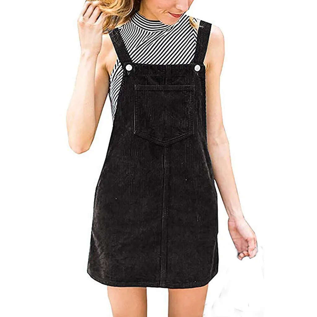 

Dress Women Corduroy Straight Suspender Mini Bib Overall Pinafore Casual Pocket Women Dress Summer Dress vestido robe femme