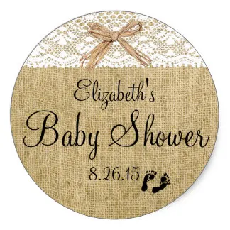 

3.8cm White Lace and Burlap Baby Shower Favor Classic Round Sticker