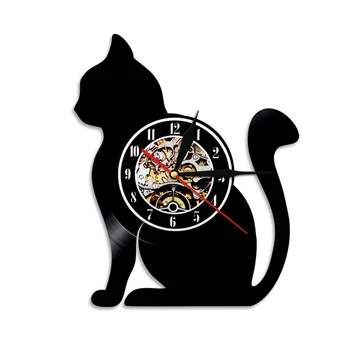 

1Piece Cute Black Cat Vinyl Record Wall Clock Craft Room Wall Light Animals Gramophone for Cat Lover Gift Vintage Home Decor