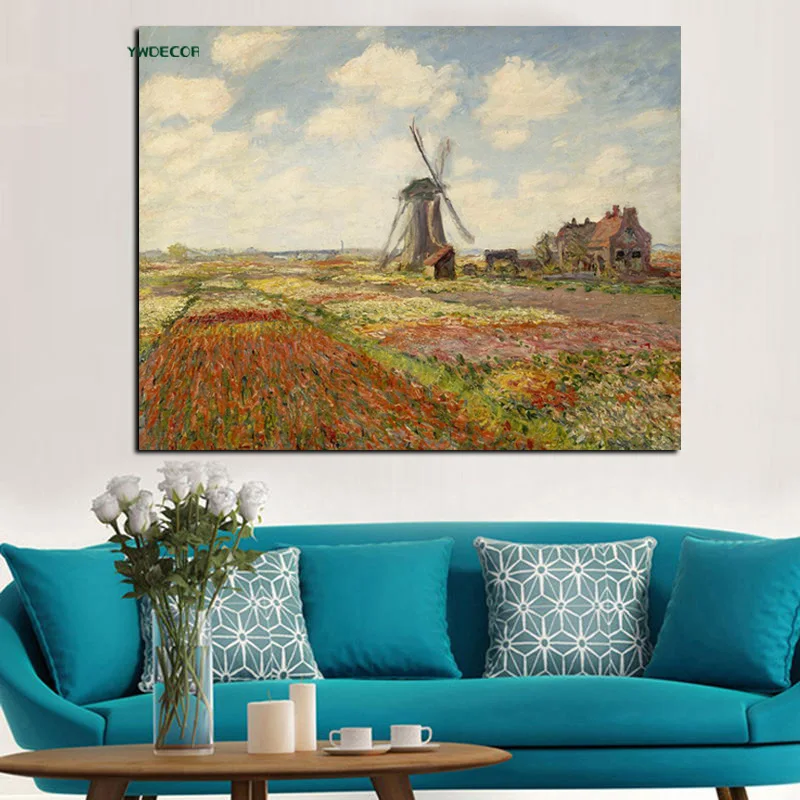 YWDECOR печать тюльпанов с ветряной мельницей Клода Мона картина маслом на холсте Искусство импрессионистов Настенная картина для гостиной