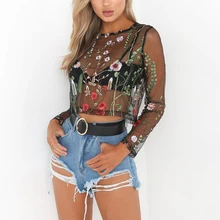 Flower Embroidery Shirt Women Sexy Tulle See Through Long Sleeve O-Neck TopFemmes camisa chemise camicia Mujer Clothes