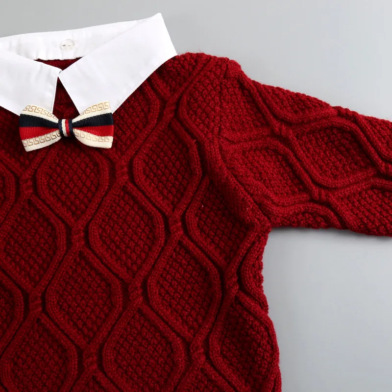 Новые модные детские однотонные свитера на осень и зиму, вязаная одежда для мальчиков, топы с отложным воротником и бантом