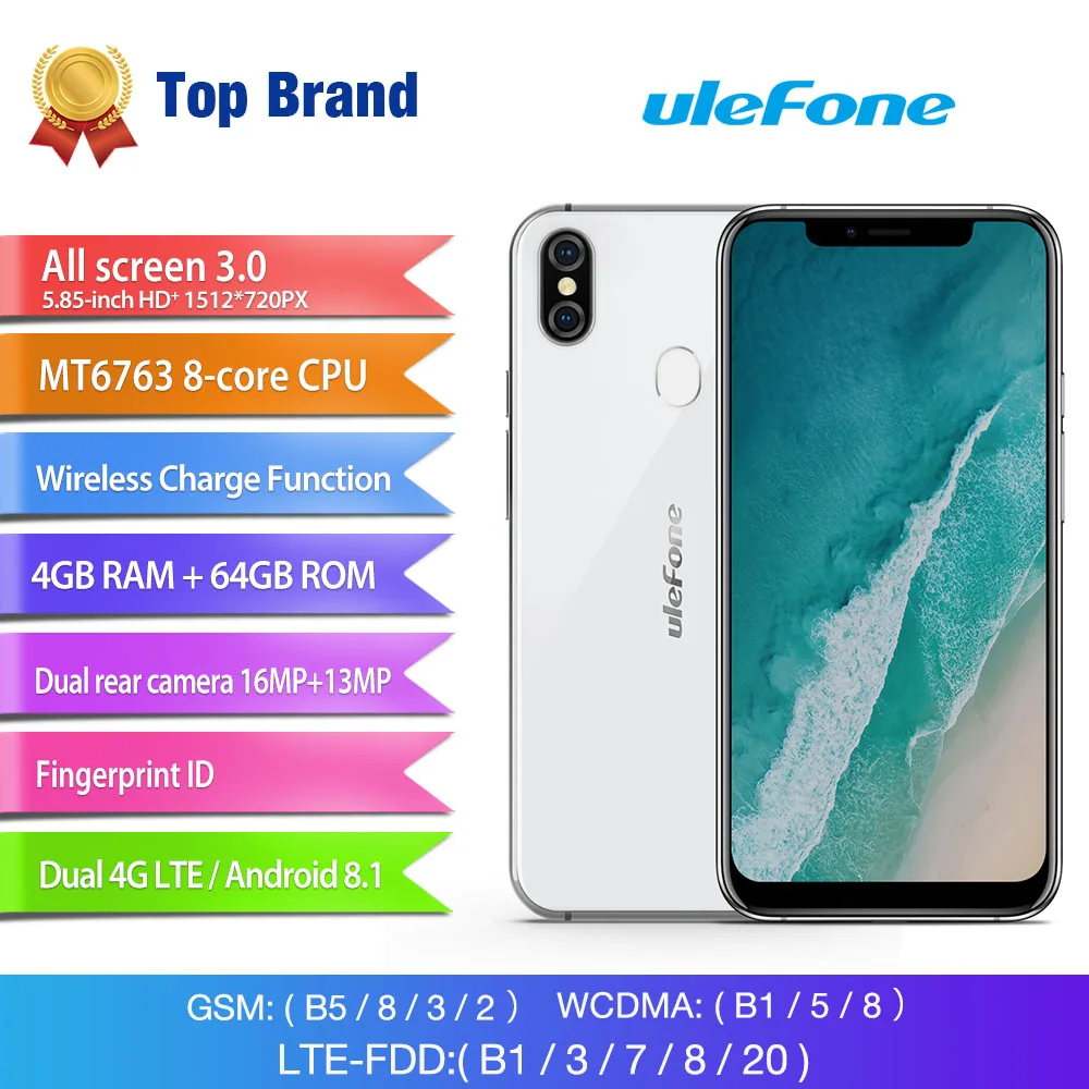 Ulefone X телефон смартфон телефоны смартфоны 5.8" HD+ смартфон MT6763 Octa Core Android 8.1 4 ГБ+ 64 ГБ 16MP двойная основная камера 3300 мАч Беспроводная зарядка мобильный телефон