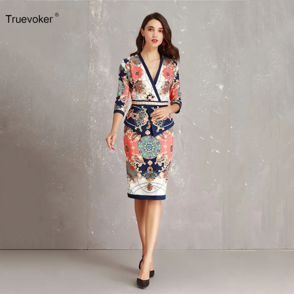 

Truevoker Designer Dress Women's High Quality Retro Colorful Abstract Printed Ruffle Pencil Robe Femme Ete Office Lady Vestido