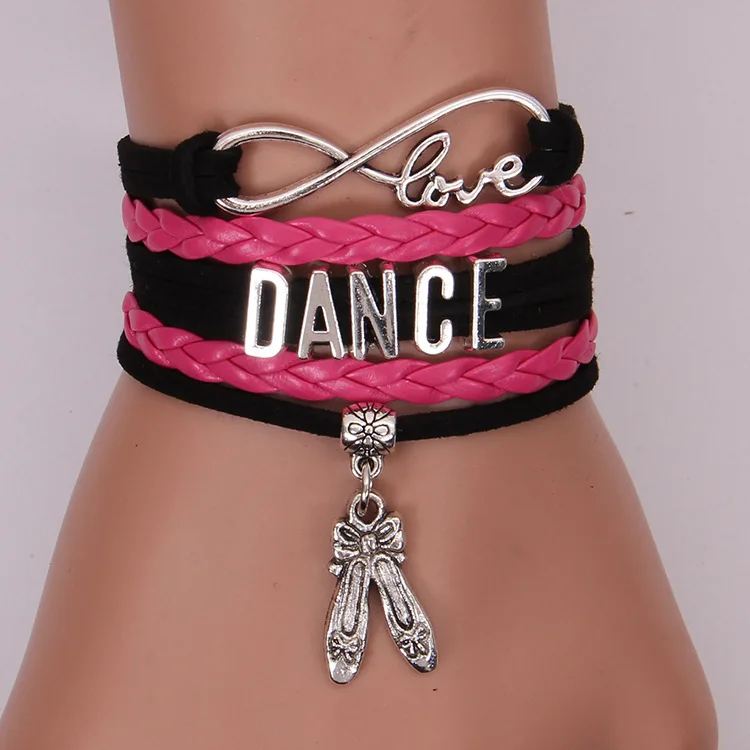 

Infinity DANCE Charms Bracelets Ballet Custom Hobbies Shoes Braided Rope Leather Cuff Wrap Bangle Fashion Handmade Jewelry Gift