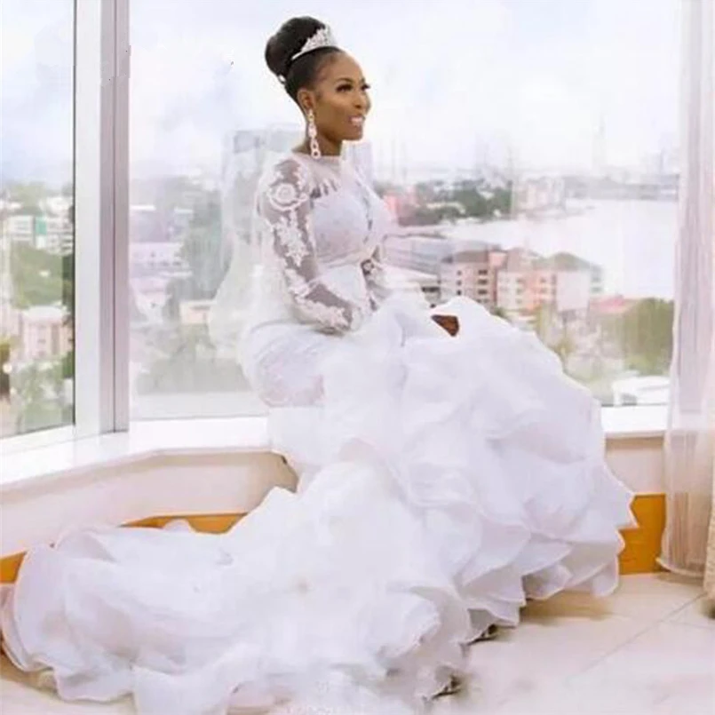 Long-Sleeve-Button-Back-Ruffles-Tiered-Mermaid-Wedding-Dress-African-White-Color-Plus-Size-Bride-Marriage