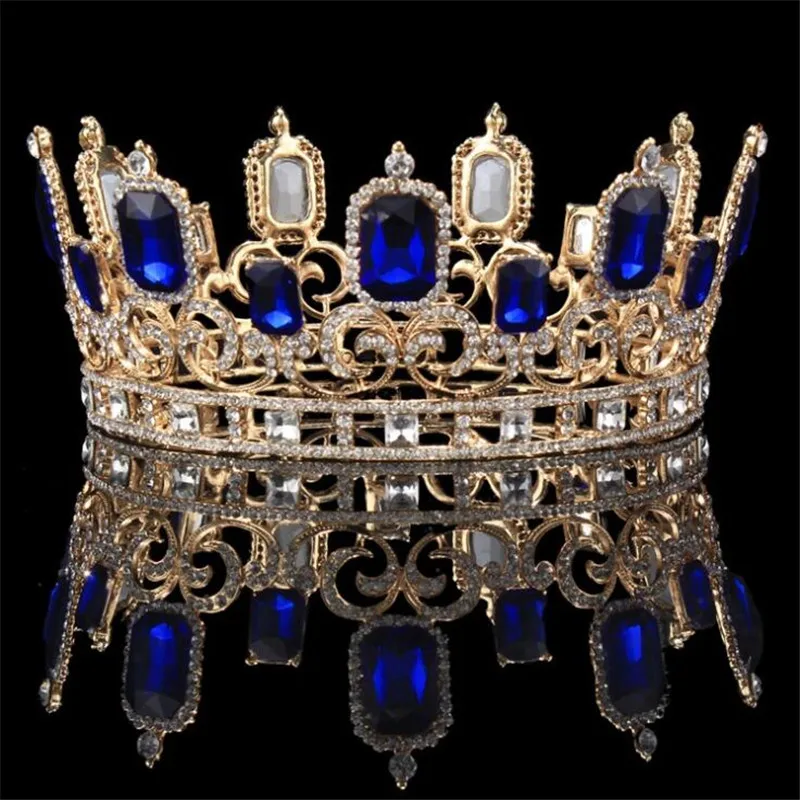 Vintage Baroque Gold Round Crown Bridal Wedding Hair Accessories Crystal Rhinestone Big Hair Jewelry Wedding Pageant King Queen Tiara