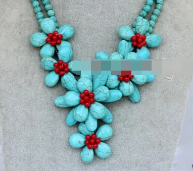 

0002822 Bid handmade Turquoise Coral Beads flower necklace Wedding Woman Jewelry A0510