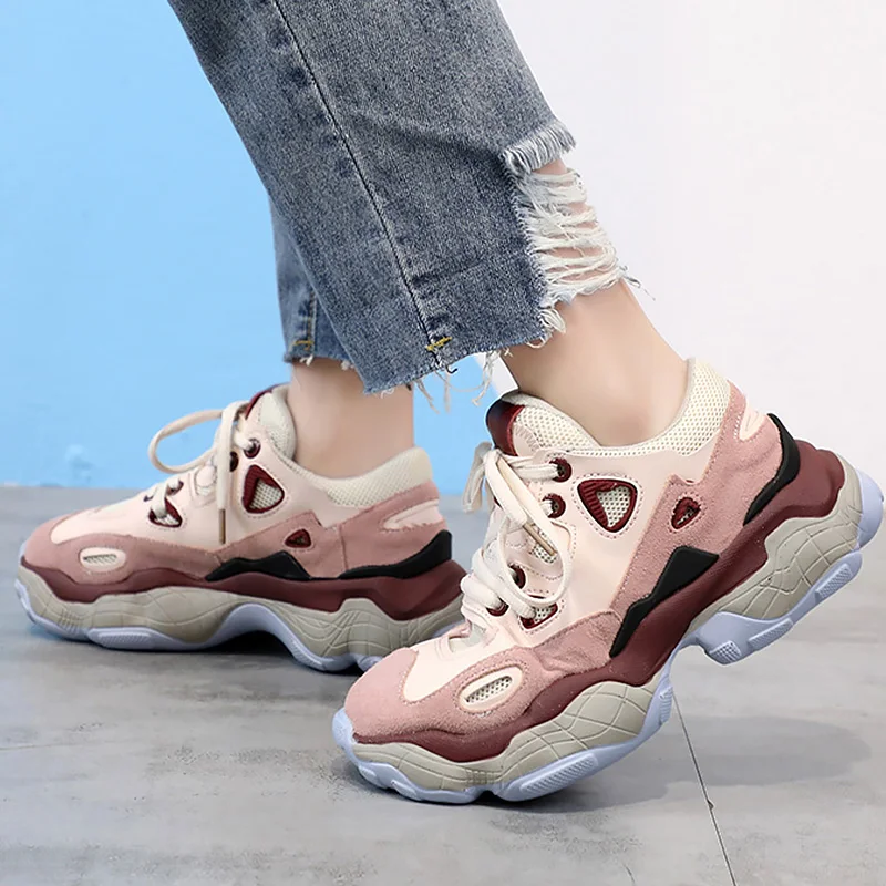 

Women's shoes Mixed colors Sneakers on the platform Super star Breathable Dad shoes PU Lace-up Rubber Tnis feminino