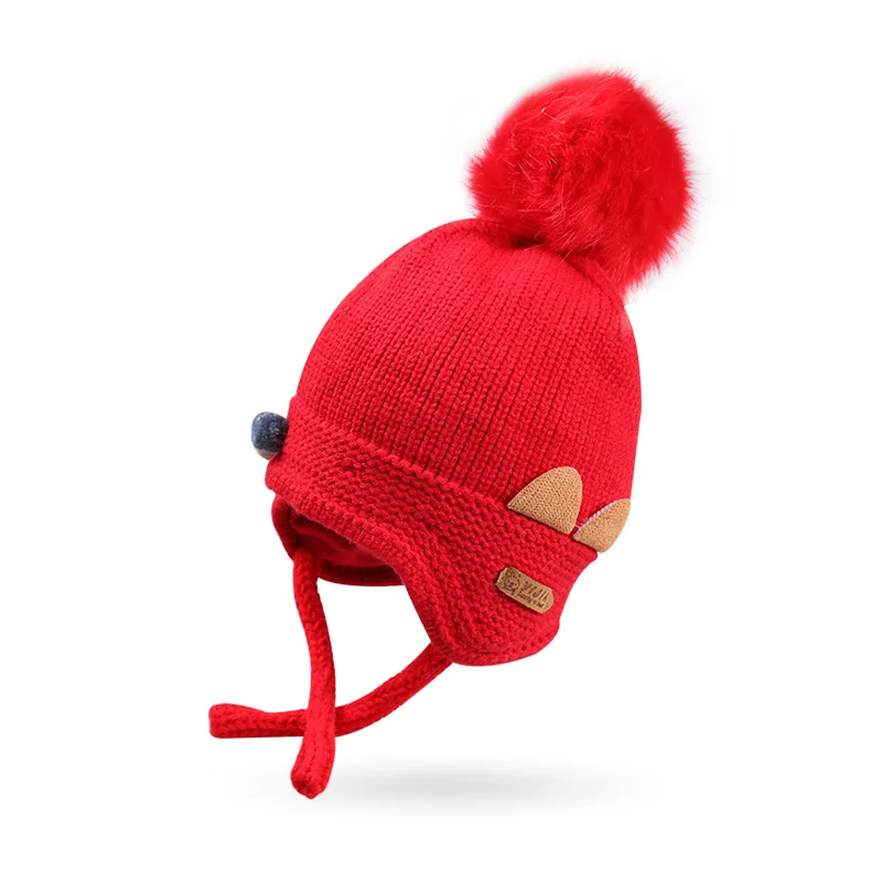 Cat Cartoon Baby Girls Hat Knit Warm Infant Beanie Hat Winter Solid Crochet Hat With Pompom Lace Up Ear Protect Beanie Baby Boy (3)