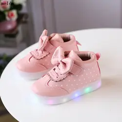 New Kids LED Обувь для девочек Малыш Девочка Весна Спортивная обувь в горошек бант освещенные Обувь Повседневное с легкой мягкой спортивные