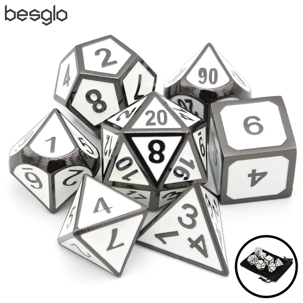 Comprare Smalto bianco Poliedrico Metallo Dadi con Sacchetto di Velluto per MTG RPG DnD Giochi Da Tavolo e di Insegnamento di Matematica