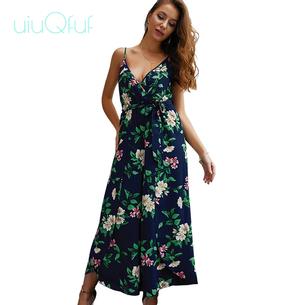 

Sexy Summer Women Jumpsuits V- Neck Strap Flower Print Bodysuit Ladies Sleeveless Casual Wide Leg Pants Holiday Beach Overalls
