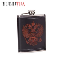 BIUBIUTUA Stainless Steel 8oz Mini Hip Flasks Red National Emblem Design Pattern Leather Whiskey Flask