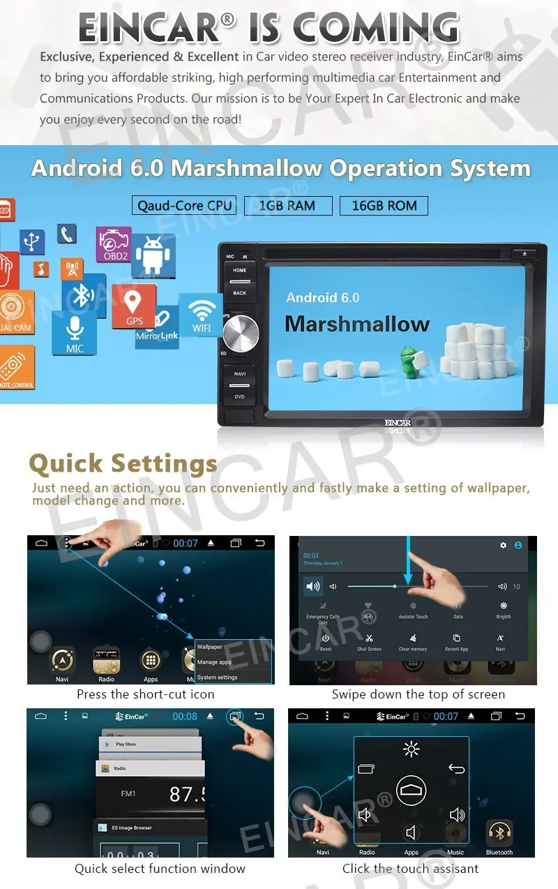 Top 3G Dongle + Eincar Android 6.0 Car Radio stereo with Multi-Touch Screen GPS Navigation with DVD Player External Micro included 1