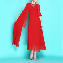 Новые летние модные Винтаж большой красный ультра длинные шифоновое платье для Для женщин Сплошной Цвет с круглым вырезом оборками