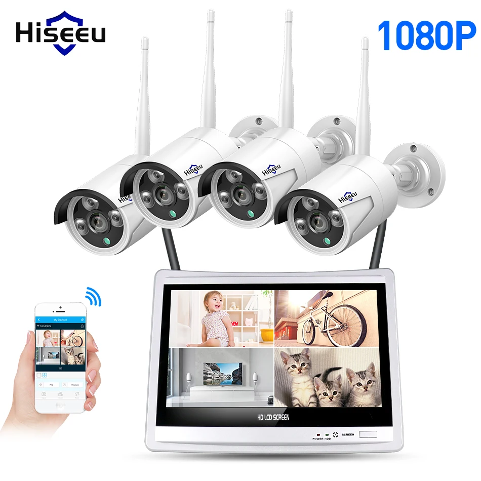 Hiseeu 4CH 1080P Wireless NVR Kits 12' LCD display HD outdoor security 2MP IP Camera video surveillance wifi cctv camera system Hiseeu 4CH 1080P Wireless NVR Kits 12' LCD display HD outdoor security 2MP IP Camera video surveillance wifi cctv camera system