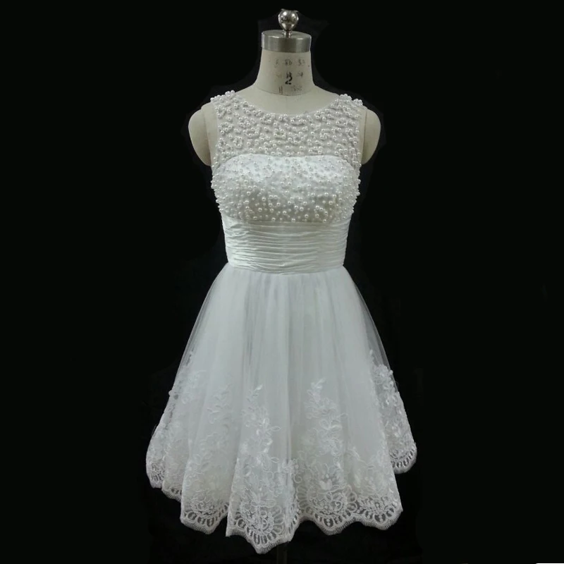 

2018 Short Wedding Dress Lace Tulle Custom Pearls Plus Size Bridal Gown White Vestido De Noiva Real Photo Beaded Free Shipping