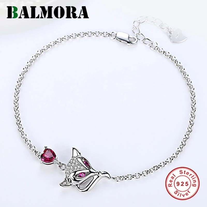 

BALMORA 925 Sterling Silver Fox Heart Bracelets for Women Lady Gift 17cm+3cm Long Cute Animal Fashion Jewelry Esposas JWDMLB105