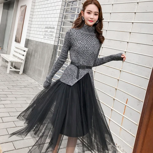 

2019 New Designer Gray Knitted Irregular Hem Sweater Belt Black Gauzy Dress Twinset Lady Wear