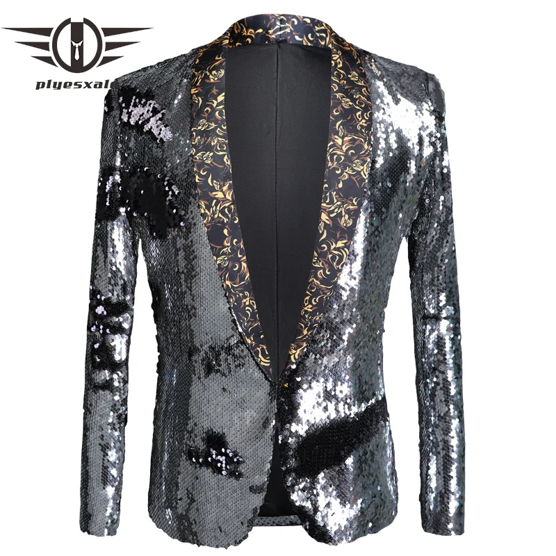 US Size Men Sequin Blazer Slim Fit Mens Glitter Blazer Jacket Blue Gold