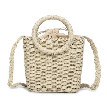 

Straw Woven Bag Handmade Rattan Woven Vintage Retro Straw Rope Knitted Women Crossbody Handbag With Ring Fresh Summer Beach Bag